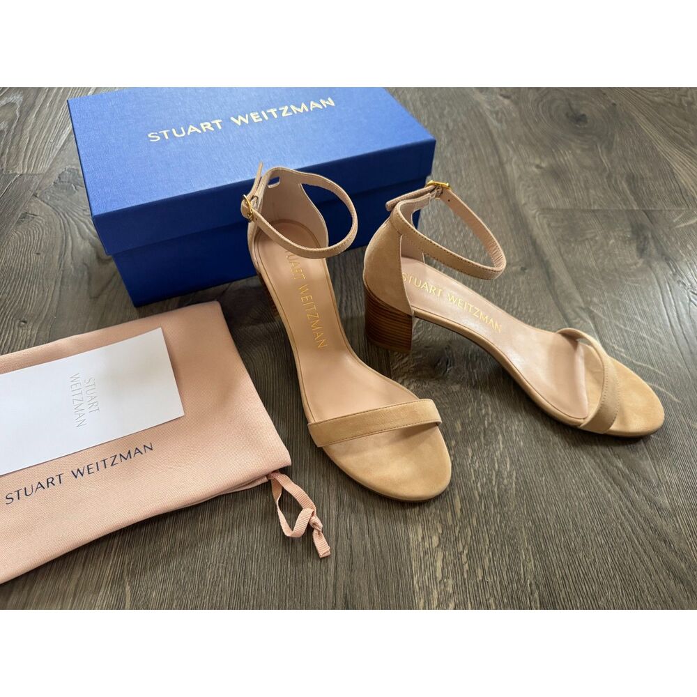Stuart Weitzman Simple Adobe Suede Stacked Nudist Sandal Heel‎ 39 8.5 NEW W/BOX